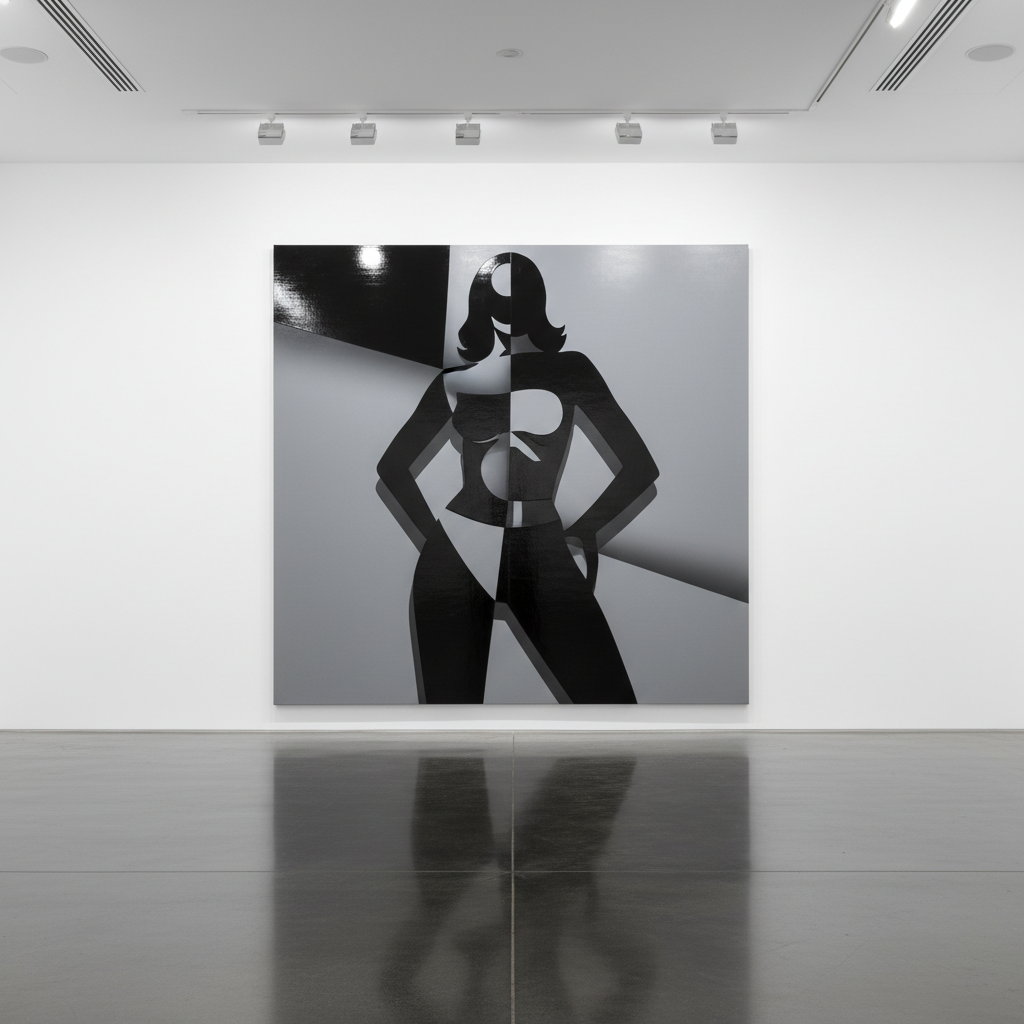 A large, square, monochrome painting dominates a clean white gallery wall, depicting a stylized, faceted silhouette that evokes feminine strength through intersecting planes and curved voids, without showing an actual human form. The surface is a mix of glossy jet-black enamel and matte dove-gray acrylic, catching the light differently across its planes. Photographic realism captures the gleam of a polished concrete floor reflecting the artwork’s dark geometry. Overhead track lighting creates crisp, angular highlights and deep shadows, reinforcing the theme of soft curves meeting hard edges. Shot from a slightly low, wide-angle perspective, the composition uses strong leading lines from the floor and ceiling to draw the eye to the piece. The atmosphere is bold, high-end, and contemporary, suitable as a hero image for a portfolio site.