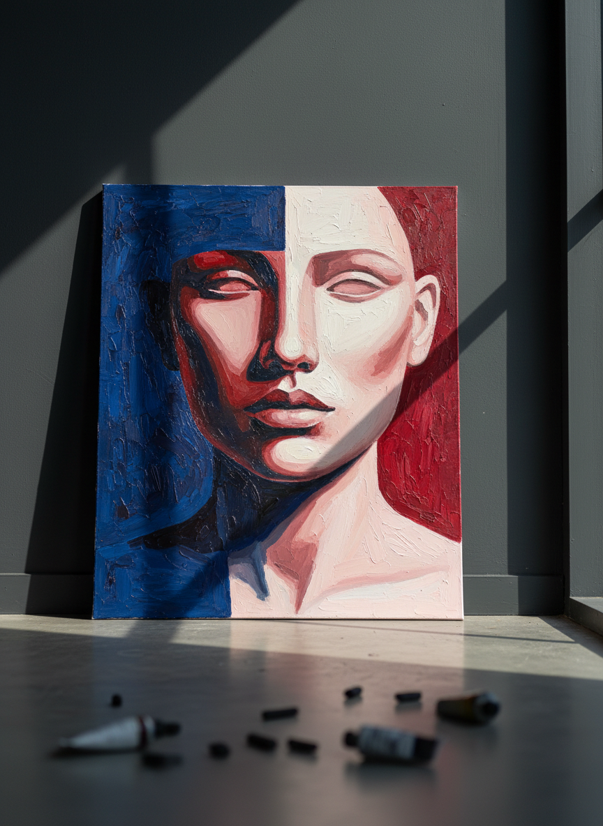 A dramatic close-up of a textured canvas leaning against a matte charcoal wall, featuring bold, abstract geometric shapes that suggest a female portrait without depicting a person. Hard angular blocks of deep indigo and vermilion intersect with soft, sweeping arcs of blush and ivory, the paint visibly thick and tactile. Shot in photographic realism at eye level, the studio floor is polished concrete, slightly blurred, with scattered charcoal sticks and paint tubes out of focus in the foreground. A single high side window casts strong, directional afternoon light, carving sharp shadows along the canvas edges and emphasizing the contrast between soft curves and hard corners. The mood is confident and powerful, with a minimal, gallery-like atmosphere and a shallow depth of field that keeps the artwork as the undeniable focal point.