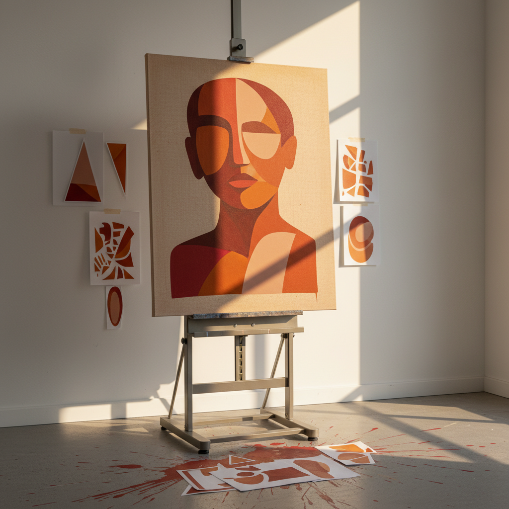 A minimalist studio corner in photographic realism, featuring a large unfinished canvas on an industrial steel easel. The composition on the canvas is a stark, graphic design of interlocking curved and angular shapes in saturated crimson, burnt orange, and pale nude tones, clearly referencing the planes of a face and shoulders without depicting any human features. Around the easel, taped to the white wall, are small color studies and paper cutouts of sharp triangles and smooth ovals. A concrete floor shows splatters of similar hues. Strong, directional golden-hour light streams through an unseen window to the right, skimming across the canvas texture and casting crisp geometric shadows from the easel. Shot at a three-quarter angle with a slightly wide lens, the scene feels raw, bold, and in-progress, capturing the energy of contemporary figurative experimentation.