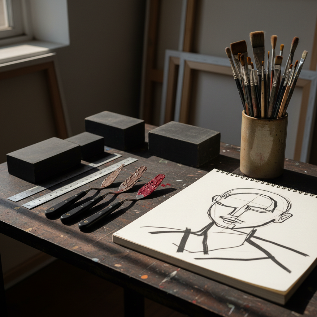 An orderly arrangement of artist’s tools lies on a blackened wooden worktable in photographic realism, each item hinting at bold contemporary portraiture without any figures present. There are chunky graphite blocks, precision metal rulers, matte-black palette knives with dried umber and crimson paint, and a sketchbook open to an angular, faceless contour suggesting a head and shoulders made entirely of intersecting curves and corners. A ceramic pot holds stiff, square-tipped brushes with paint-stained handles. Late-morning window light enters from the left, creating long, confident shadows and bright, crisp highlights on the metal edges. The background fades into soft blur, revealing only a hint of stretched canvases stacked upright. Shot from a slightly elevated angle with a moderate depth of field, the mood is focused, bold, and intensely creative, emphasizing process and craft over the human subject.